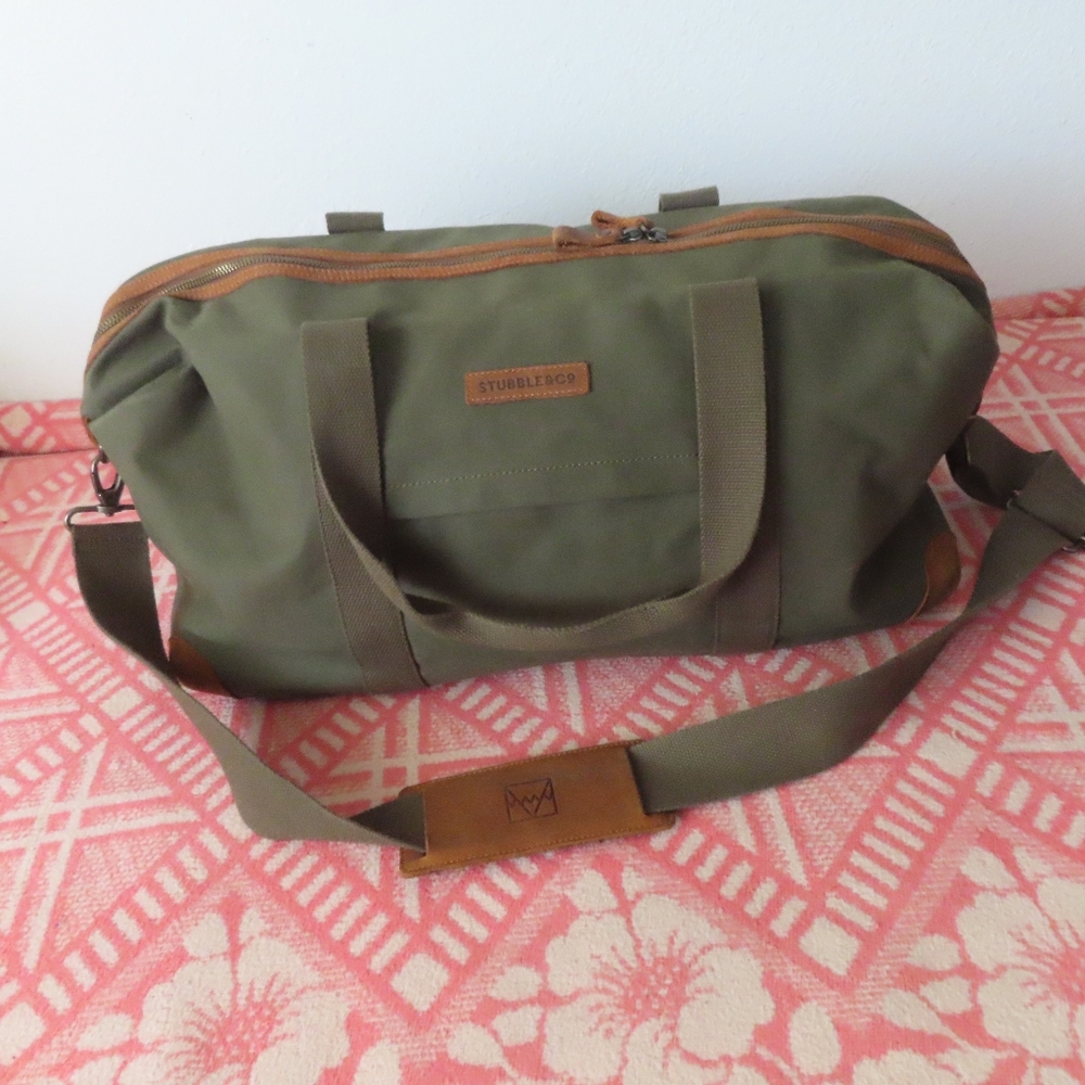 STUBBLE & CO Weekender Duffle Bag Canvas Leather w/ Shoulder Strap olive